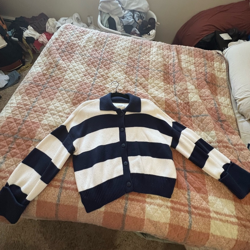 Cable knit Navy and White Striped Sweater